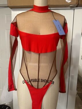 Mugler Red Sheer Mesh Long-Sleeve Bodysuit